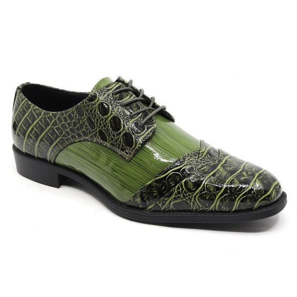 Green Men's Formal Alligator Print Folded Cap Toe Oxford Lace up Dress Shoes - Picture 1 of 1